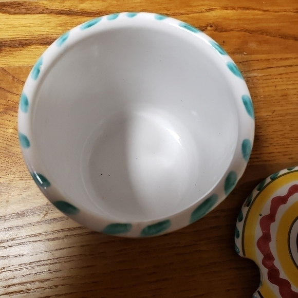 italian Pottery Sugar Jar with Lid Hand Painted Blue White Yellow - Picture 2 of 5